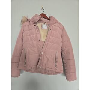Women’s Pink Puffer Jacket Faux Fur Lined Hood Winter Coat Size Small
